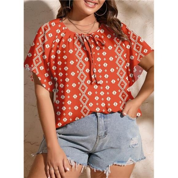 Women Plus Size Tops Boho Printed V Neck Short Sleeve Drawstring Casual Chiffon - Picture 3 of 6